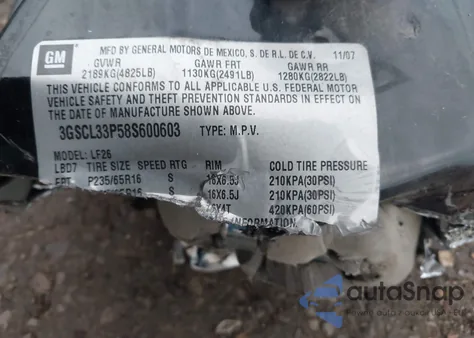 2008 Saturn Vue 4-Cyl Xe z USA, uszkodzony, nr VIN 3GSCL33P58S600603